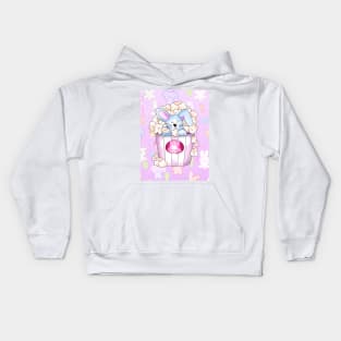 cute blue bunny rabbit in a pot of popcorn on a pink background Kids Hoodie